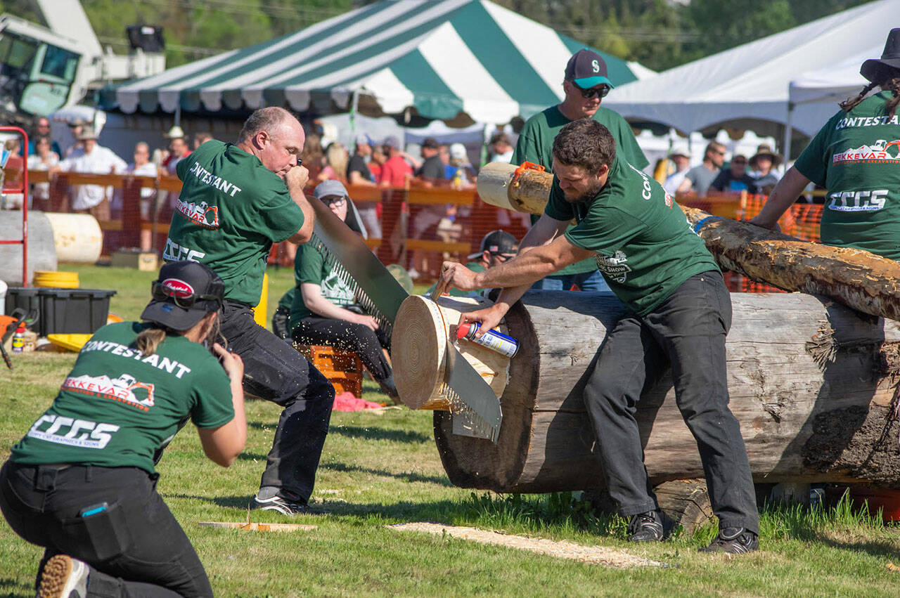 Emily Matthiessen / Olympic Peninsula News Group
The Sequim Logging Show, seen in May 2023, will operate next year as its own nonprofit organization to seek insurance coverage separate from the Sequim Irrigation Festival. Organizers of both the festival and show say it was a pragmatic decision and is similar to what the festival did in late 2017 after leaving the umbrella of the Sequim-Dungeness Valley Chamber of Commerce.