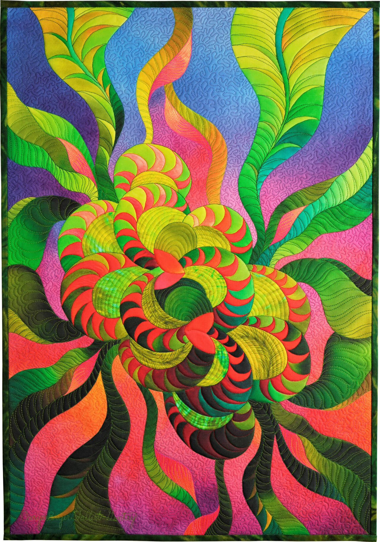 Artwork courtesy of Cary Bryer Fallert-Gentry / “Garden Party 3” by Cary Bryer Fallert-Gentry, a participant in the “Spinning Sewn Stories – Promulgate, Piece, & Ply” exhibit hosted by the North Olympic Fiber Arts Festival.