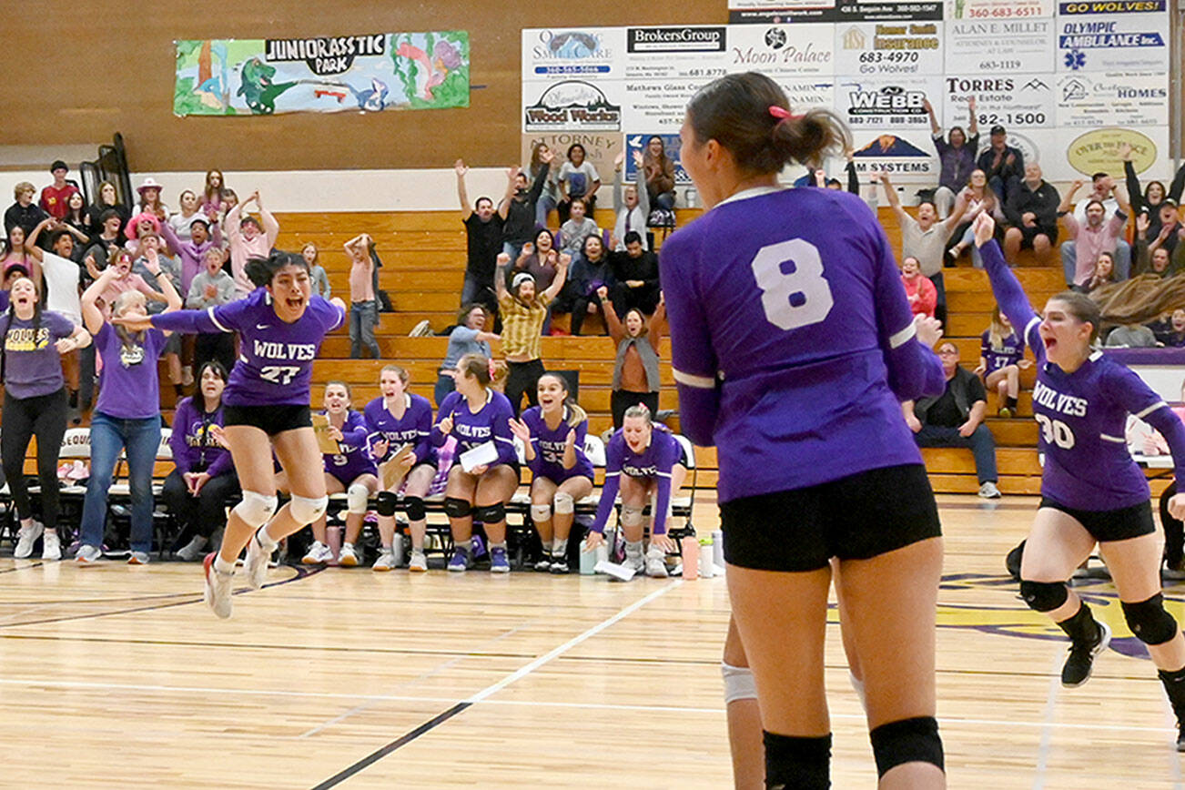 Sequim volleyball players from left, Tiffany Lam, Kassi Montero, Rose Gibson and Brianna Palenik, celebrate a set victory over Kingston during the Wolves’ 3-1 win over the Buccaneers. (Michael Dashiell/Olympic Peninsula News Group)