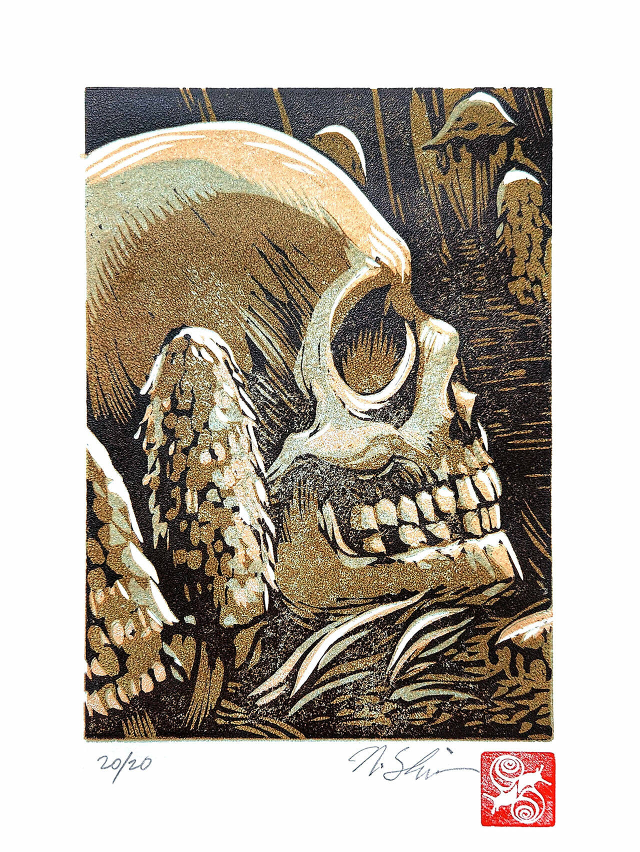 Nathan Shields’ Inky Caps block prints are on view at Habor Art Gallery.