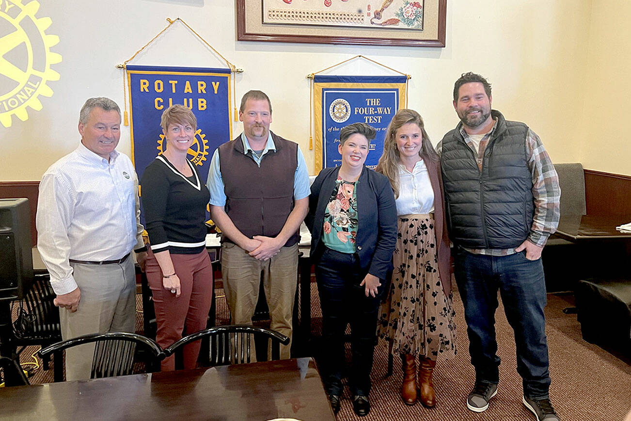 Port Angeles City Council candidates Jim Haguewood, Amy Miller, Mark Karjalainen, Navarra Carr, Kalli Jones and Brenden Meyer spoke at a meeting of the Port Angeles Noon Rotary on Wednesday, taking questions from the audience about their priorities for the city. (Peter Segall/Peninsula Daily News)