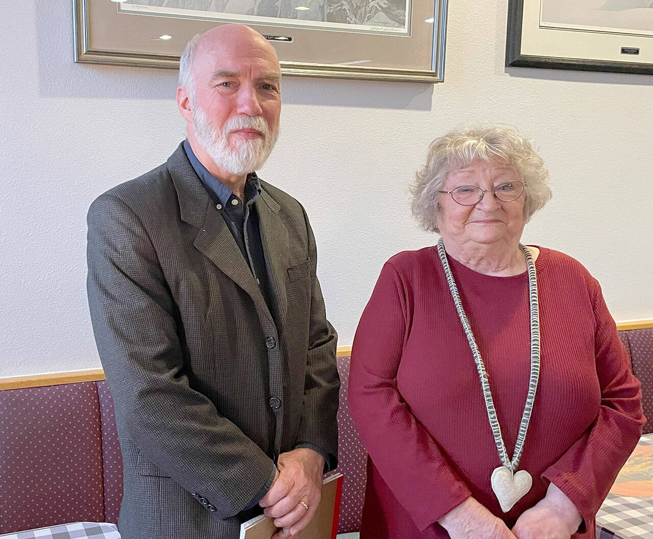 Nor’Wester Rotary Club on Friday heard from Port Angeles School Board candidates Chris Noble, left, and Sandy Long. Noble is a write-in candidate for Position 3 and incumbent Long is running unopposed for Position 4. The two other candidates did not appear at the event. (Paula Hunt/Peninsula Daily News)