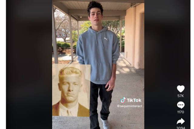 Sequim High School student Ayden Humphries presents a video asking producers of “The Boys in the Boat” to premier their film at SHS for a fundraiser to help local homeless youths. (Image from Sequim Interact TikTok video)