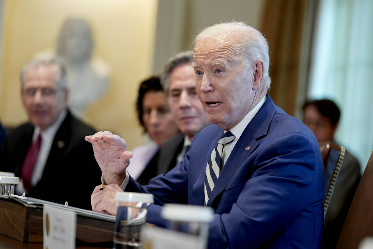President Joe Biden speaks as he meets with European Council President Charles Michel and European Commission President Ursula von der Leyen in the Cabinet Room of the White House on Friday in Washington, D.C. (AP Photo/Evan Vucci)