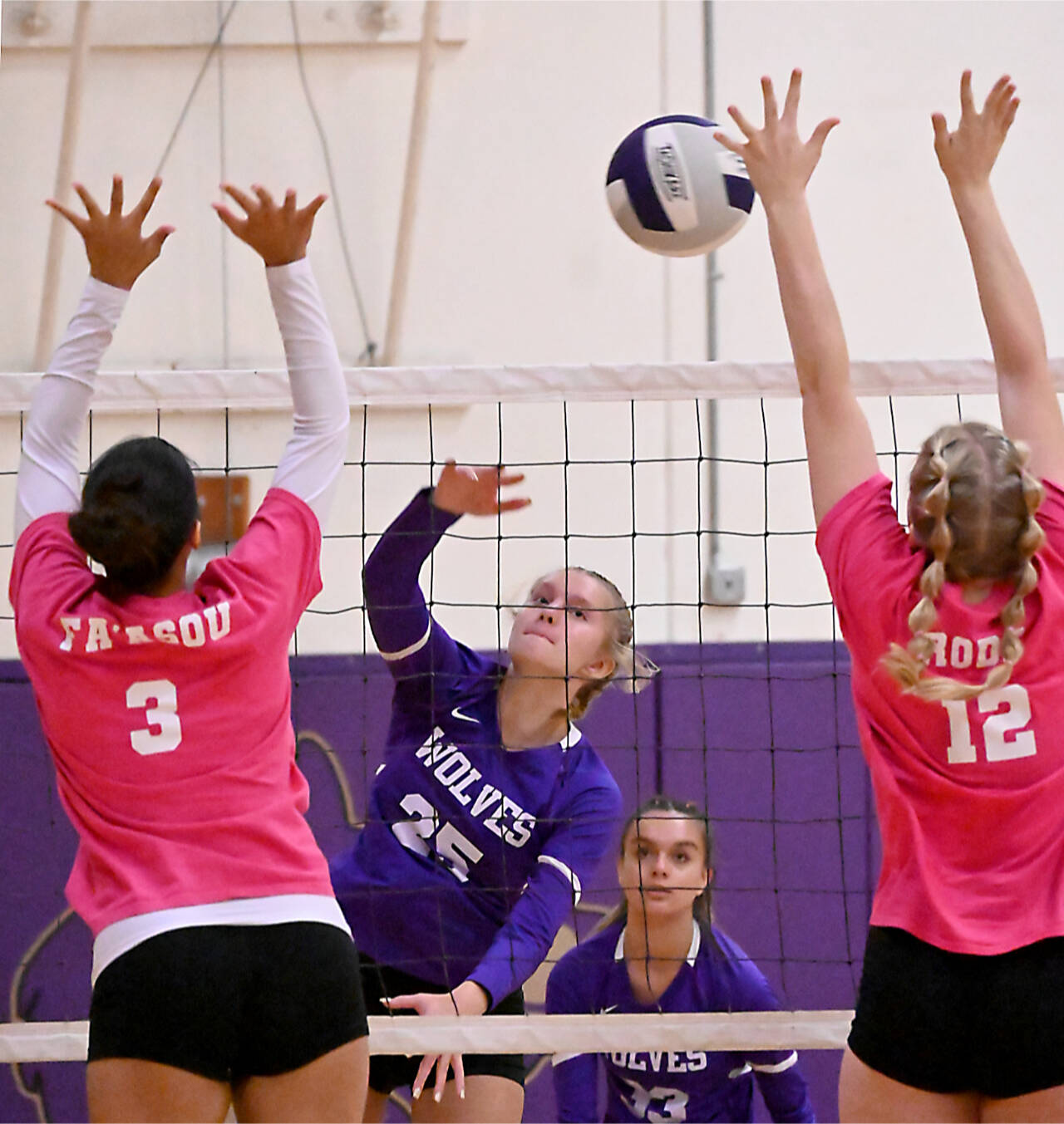 Sequim’s Jolene Vaara (25) spikes against Bremerton on Tuesday with teammate Arianna Stovall (33) waiting for a possible return. (Michael Dashiell/Olympic Peninsula News Group)