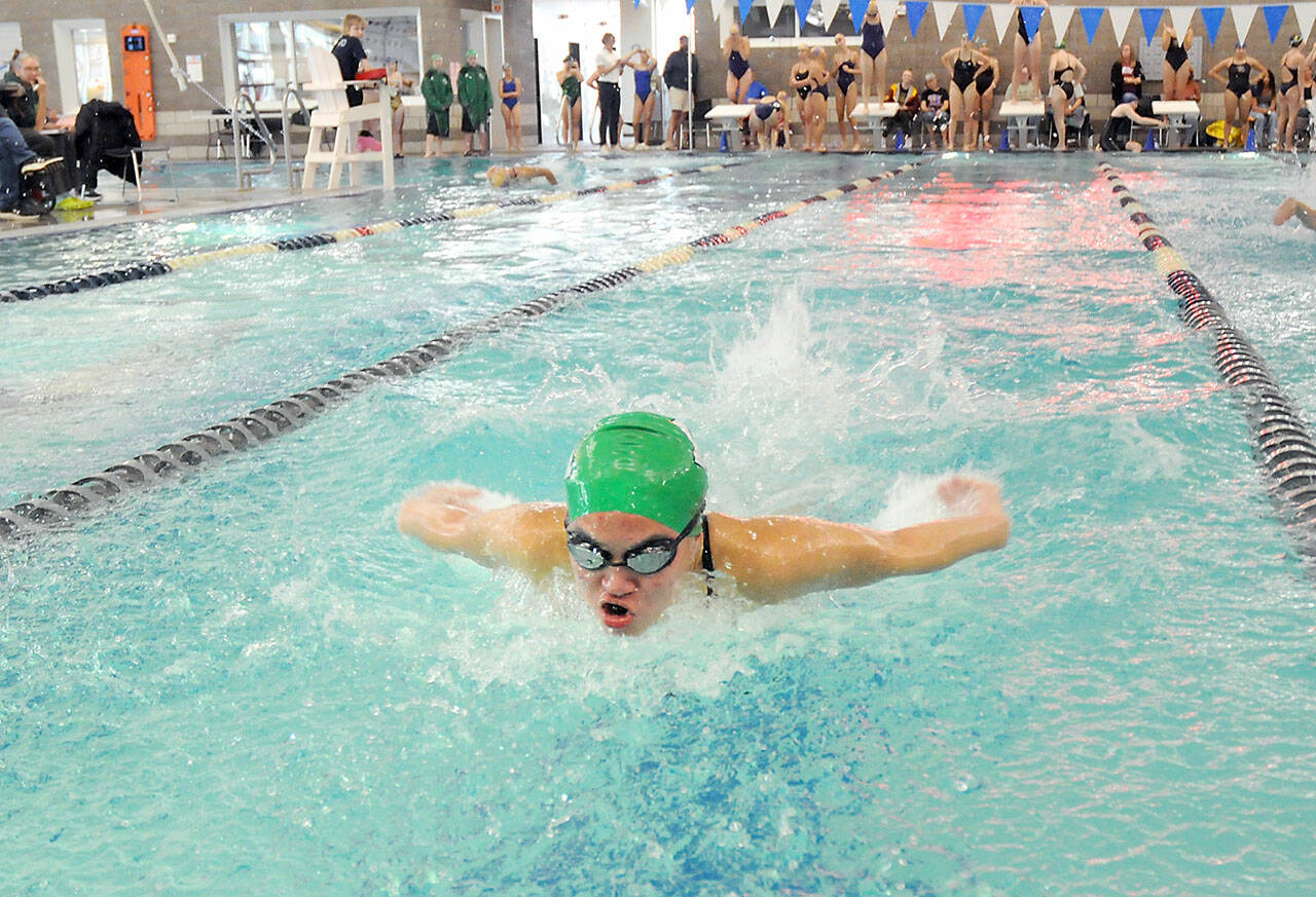 Yau Fu of Port Angeles swims the butterfly leg of the 200-yard individual medley on Wednesday in Port Angeles. (Keith Thorpe/Peninsula Daily News)