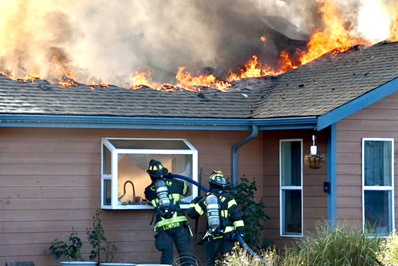 No one was injured in a Sunday afternoon house fire on Angel’s Lair Lane in Joyce. The house is considered a total loss. (Clallam County Fire District 4)