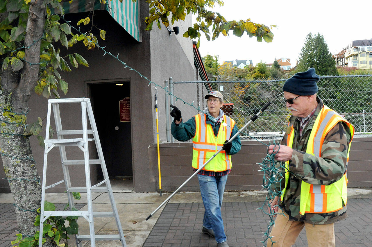Tim Crowley, left, and Frank Bruni, members of the Olympic Kiwanis Club, string Christmas lights on a street-side tree on Friday in downtown Port Angeles. Members of the club take on the annual task of adorning trees and poles in the downtown area with lights with reimbursement from the Port Angeles Downtown Association. (KEITH THORPE/PENINSULA DAILY NEWS)