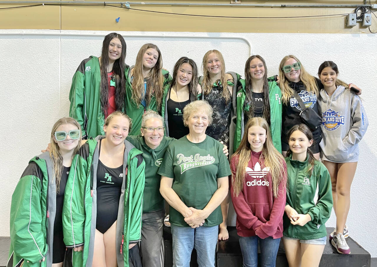 The Port Angeles girls swim team finished third at this weekend’s bidistrict championships. Top row, from left, Danika Asgeirsson, Amayah Nelson, Yau Fu, Harper McGuire, Lynzee Reid, Emerson DuBois, Olivia Mesen. Bottom row, from left, Brooke St. Luise, Lizzy Shaw, head coach Sally Cole, assistant coach Lisa Walls, Chloe Kay-Sanders, Erin DeMarco. (Courtesy photo)