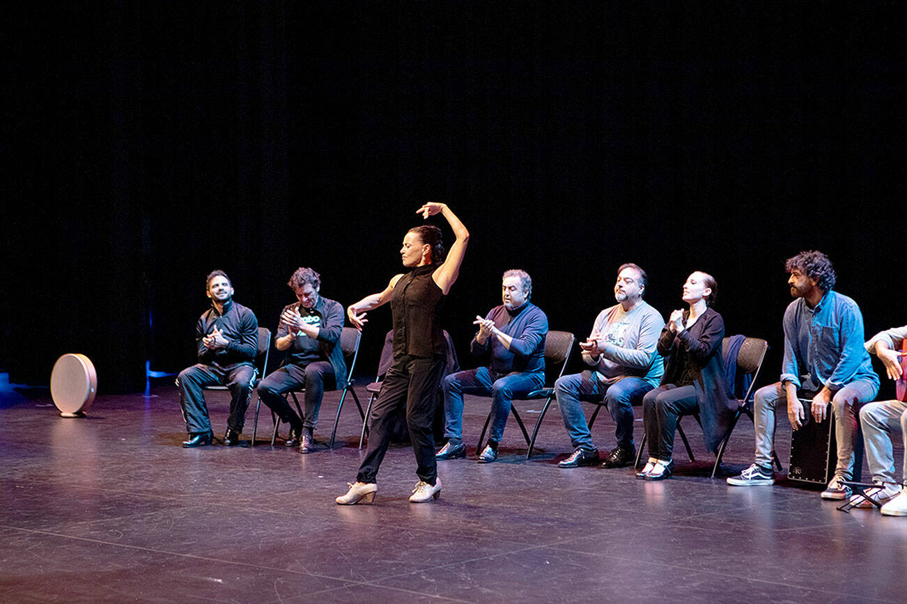 Soledad Barrio, foreground, and Noche Flamenca give a demonstration last Saturday at Field Arts & Events Hall, where they will give two performances this weekend. (Nora Pitaro/Field Arts & Events Hall)