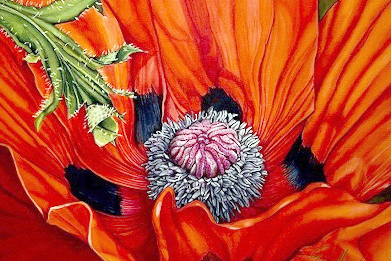 Evette Allerdings of Port Angeles created “Orangy,” a silk painting, for the “Burst of Color” show opening today at Port Townsend’s Jeanette Best Gallery. (Evette Allerdings)