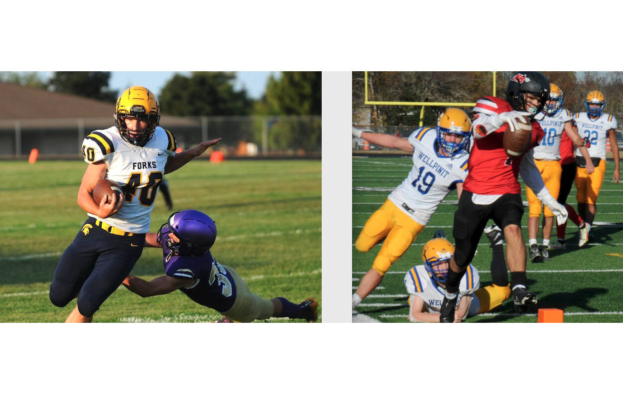 Left, Forks’ Nate Dahlgren made the first team of the 2B state football defensive team as a linebacker. Here, he is running the ball on offense against Friday Harbor in a game that was played in Sequim. Right, Neah Bay’s Jodell Wimberley scores a touchdown in 2022 against Wellpinit in a state playoff game in Forks. Wimberley, who gained 1,839 yards rushing and 36 touchdowns for the Red Devils, made the all-state offensive team as a running back. (Photos by Lonnie Archibald/for Peninsula Daily News)
