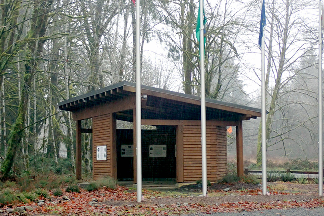 The monument to the October 1808 wreck of the S.V. Nikolai marks the area where a handful of survivors built a refuge after escaping from the Quileute and the Hoh. The monument at 5333 Upper Hoh Road was dedicated in 2015. (Pat Neal/For Peninsula Daily News)
