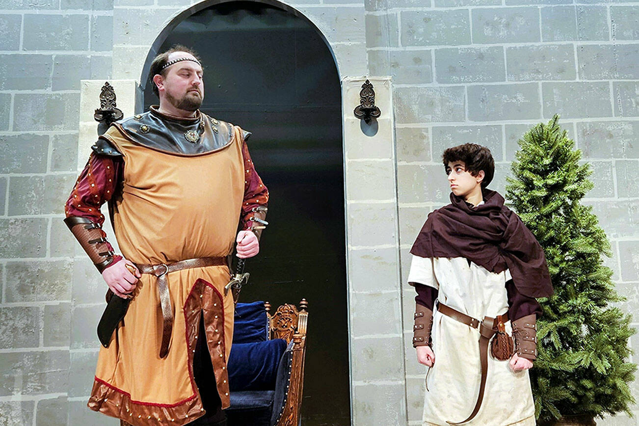 From left to right, Richard Lionheart, portrayed by Sean Stone of Port Angeles, and Prince John, portrayed by Charlie Medlong of Sequim, at a recent rehearsal.