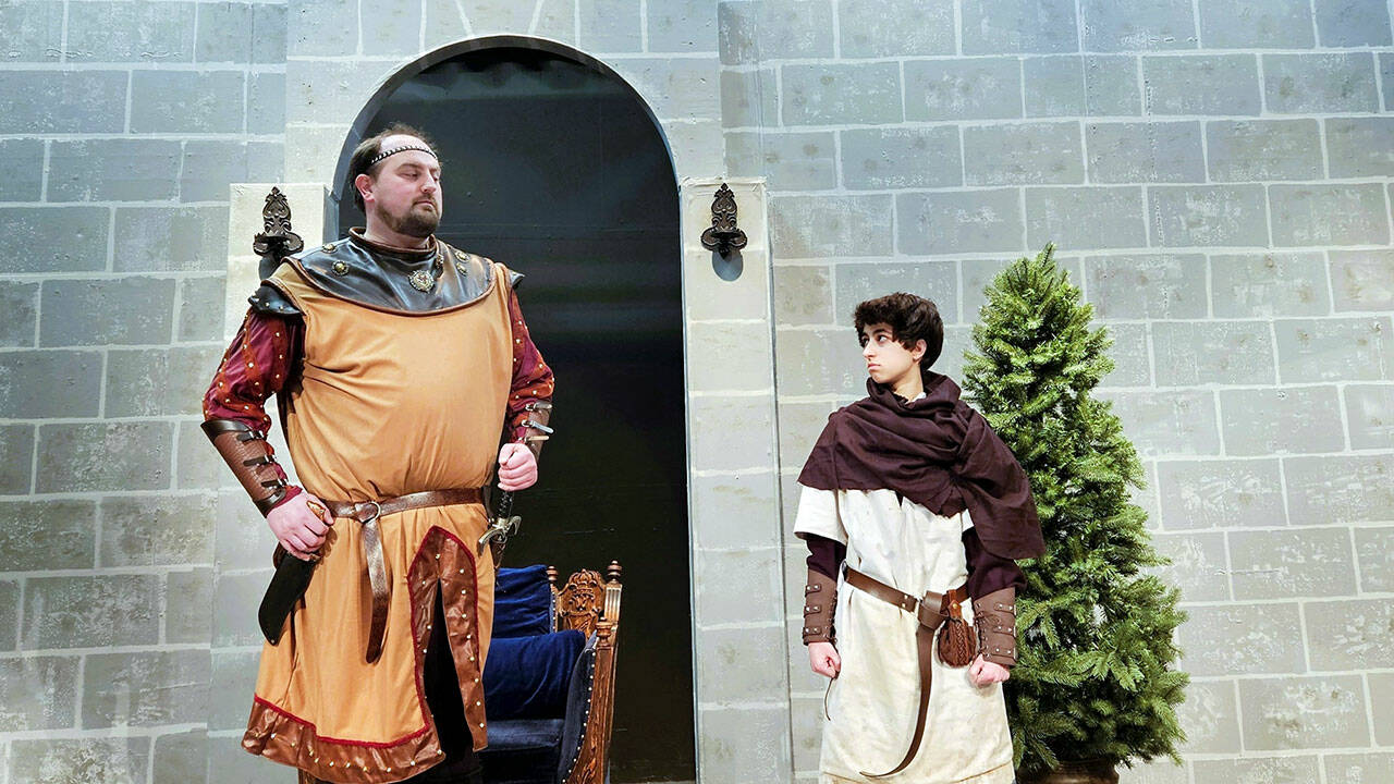 From left to right, Richard Lionheart, portrayed by Sean Stone of Port Angeles, and Prince John, portrayed by Charlie Medlong of Sequim, at a recent rehearsal.