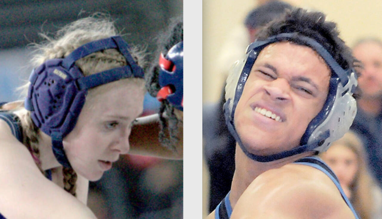 Forks' Miley Blanton, left, and East Jefferson's Manaseh Lanphear-Ramirez were both regional wrestling champions.