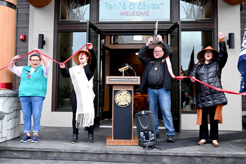 Jamestown S’Klallam Tribe council leaders celebrate the opening of the tribe’s new library at its Blyn campus on Saturday. Pictured, from left, are treasurer Theresa Lehman, vice chair Loni Grinnell-Greninger, chair/CEO Ron Allen and secretary Rochelle Blankenship. (Michael Dashiell/Olympic Peninsula News Group)