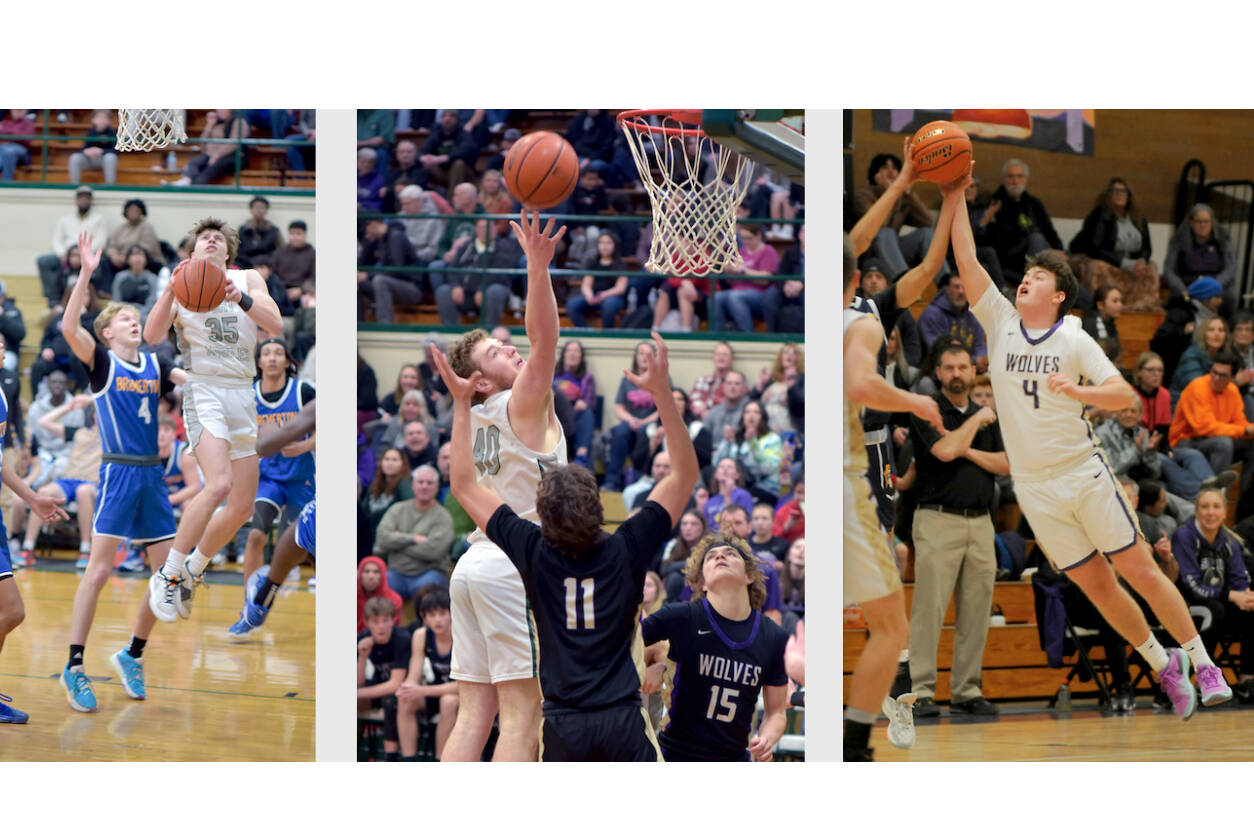 Port Angeles’ Parker Nickerson, left, and Isaiah Shamp, center, were named to the Olympic League boys basketball first team. Sequim’s Keenan Green, right, was named to the second team. (Keith Thorpe and Michael Dashiell photos)