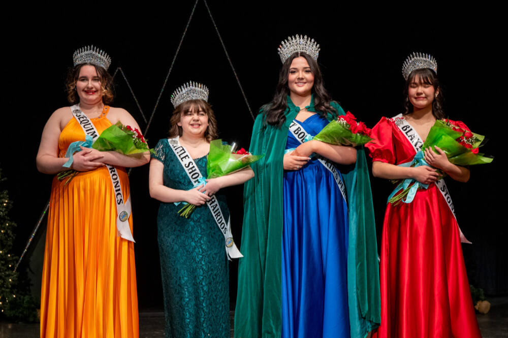 Judges name the 2024 Sequim Irrigation Festival court on Feb. 24 at Sequim High School. Pictured, from left, are princesses Ashlynn Northaven and Sophia Treece, queen Ariya Goettling and princess Kailah Blake. (Emily Matthiessen/for Olympic Peninsula News Group)