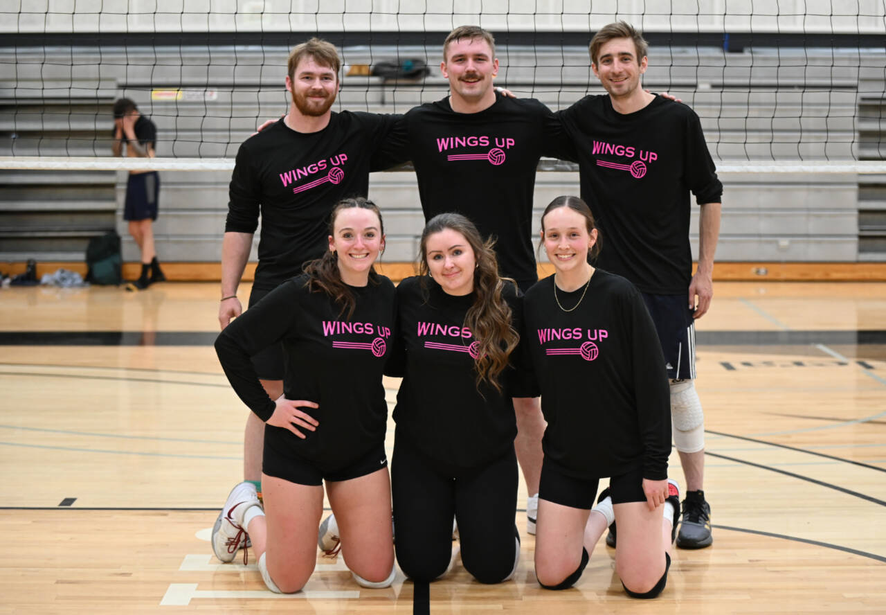 Wings Up defeated the fall league champion I’d Hit That earlier this month 3-0 (25-18, 25-17, 28-26) to win the Peninsula Volleyball League’s Winter League A Division championship at Peninsula College. Wings Up, made up of players mostly from the Sequim area, finished the regular season atop the standings with an 8-1 record before advancing through the playoffs. Set For Life placed third. From left, back row, are Ben Cowan, Cody Cowan and Jared Fodge. From left, front row, are Tayler Breckenridge, Brittney Gale and Tristen Myers. Not pictured is Allie Gale. (Peninsula College)