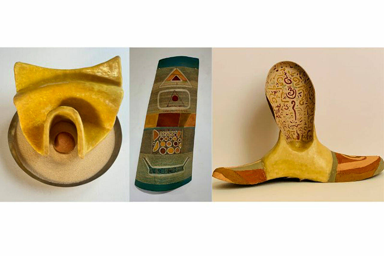 The exhibition showcard features images of artwork entitled “Semiahmoo Cove,” “Across the Salish Sea” and “Flamenco.”