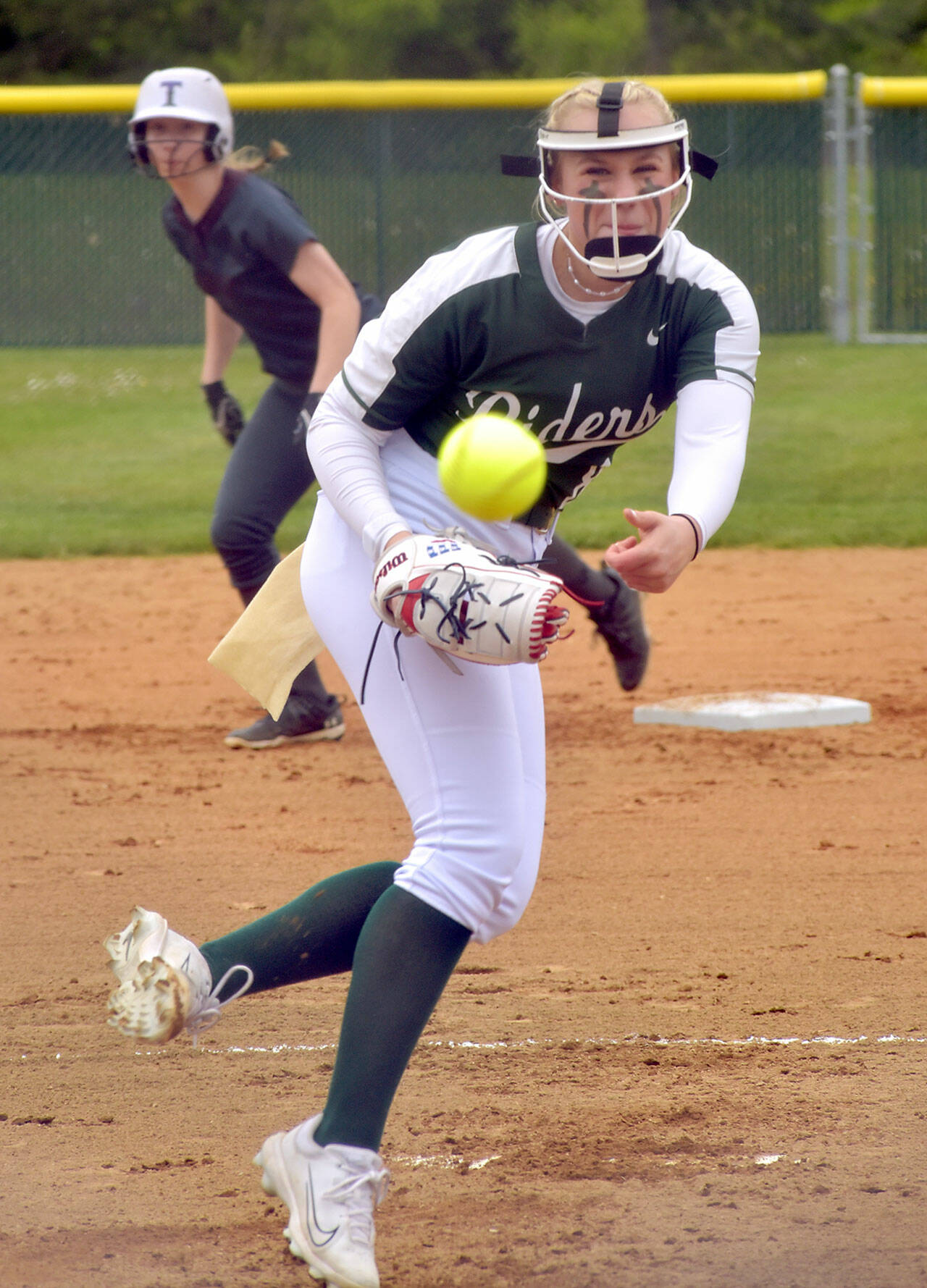 KEITH THORPE/PENINSULA DAILY NEWS Port Angeles pitcher Heidi Leitz throws in the first inning against Kingston on Thursday at the Dry Creek Athletic Fields in Port Angeles.