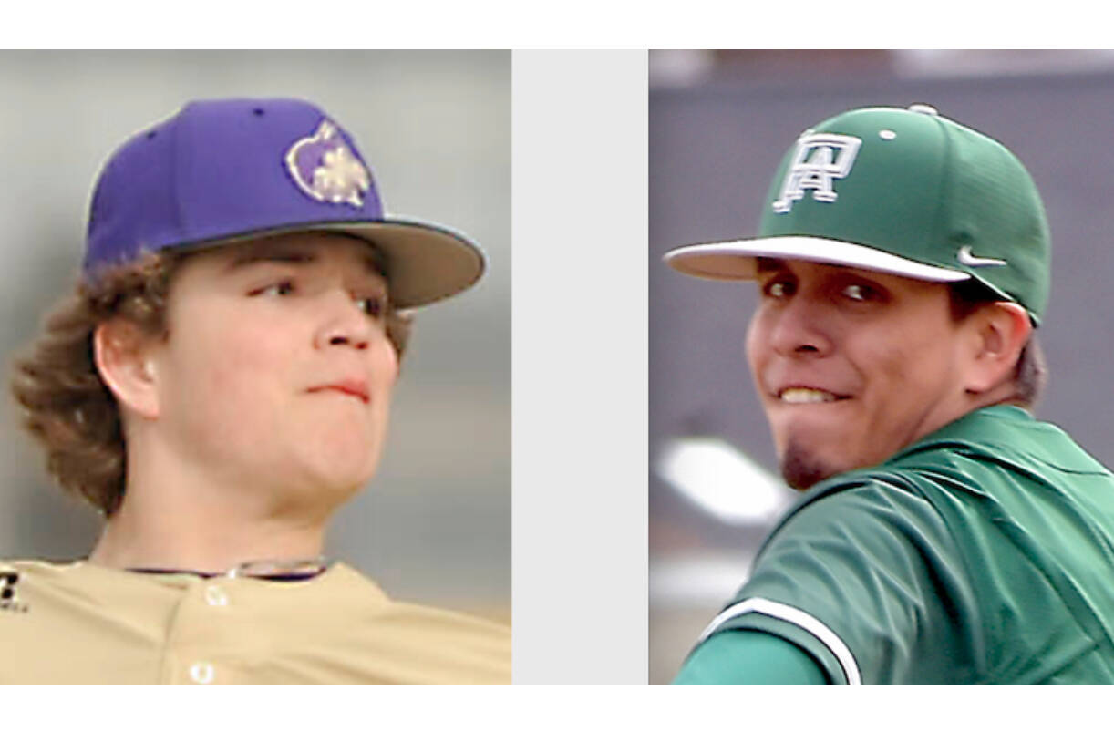 Zeke Schmadeke, Sequim baseball, left, and Brian Guttormsen, Port Angeles baseball. (Photos by Michael Dashiell/Olympic Peninsula News Group, and Keith Thorpe/Peninsula Daily News)