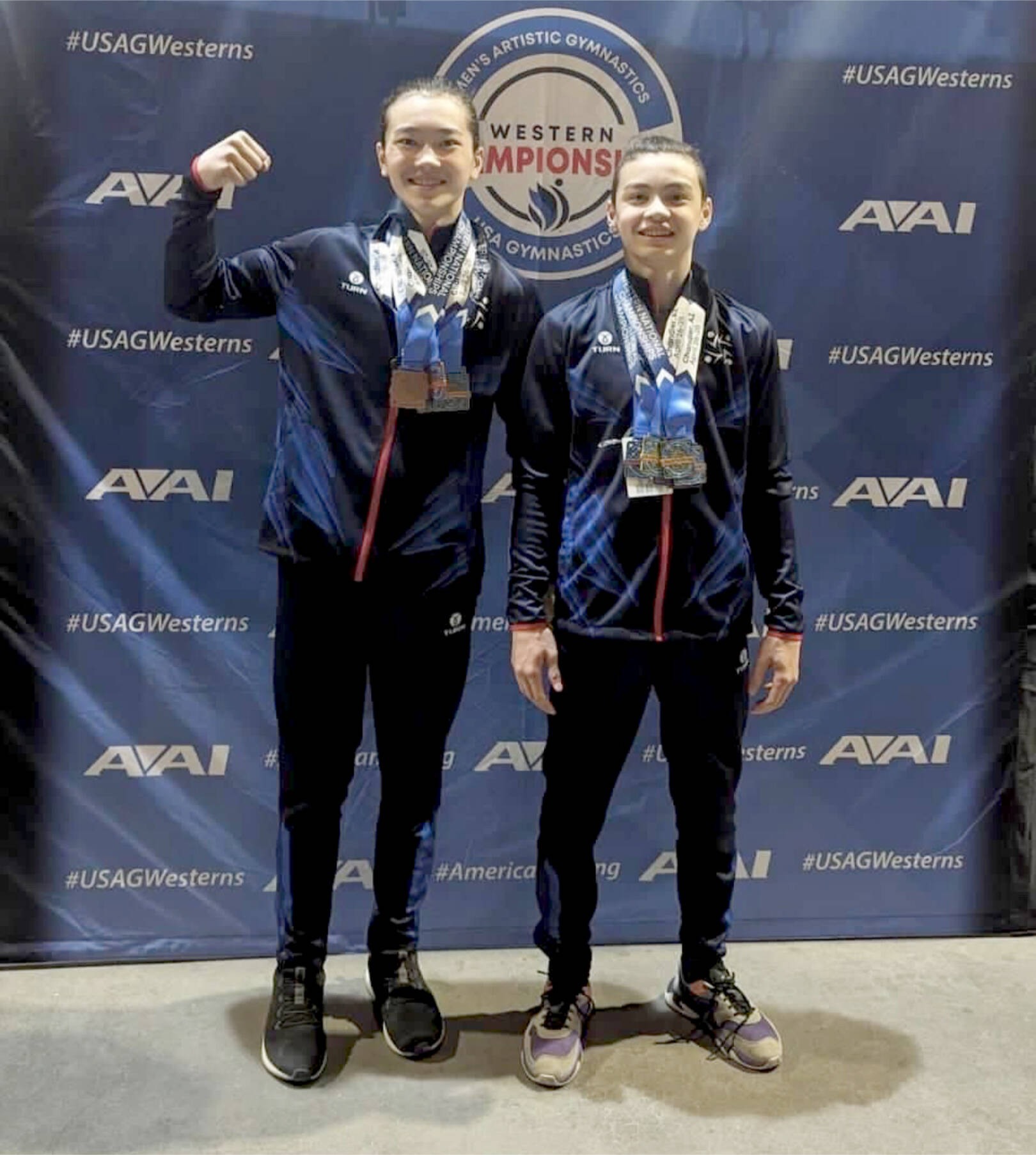 Photos courtesy of Klahhane Gymnastics
Conor and Liam DeWolf of Port Angeles celebrate their second- and fourth-place all around medals from the 2024 Men’s Western National Championship late last week in Chandler, Ariz.