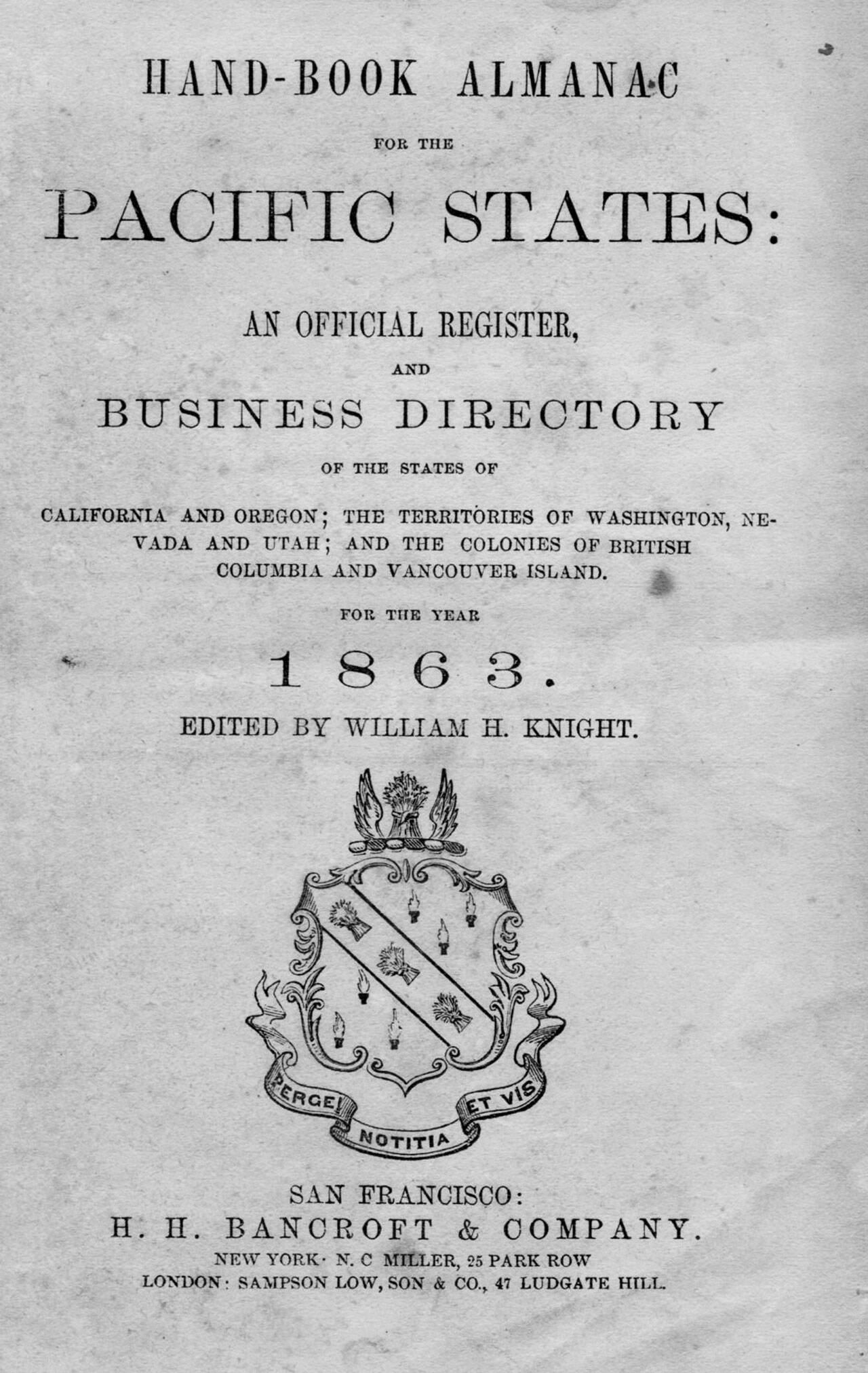 The cover of the Hand-Book Almanac of the Pacific States, which John McNutt found in his book collection.