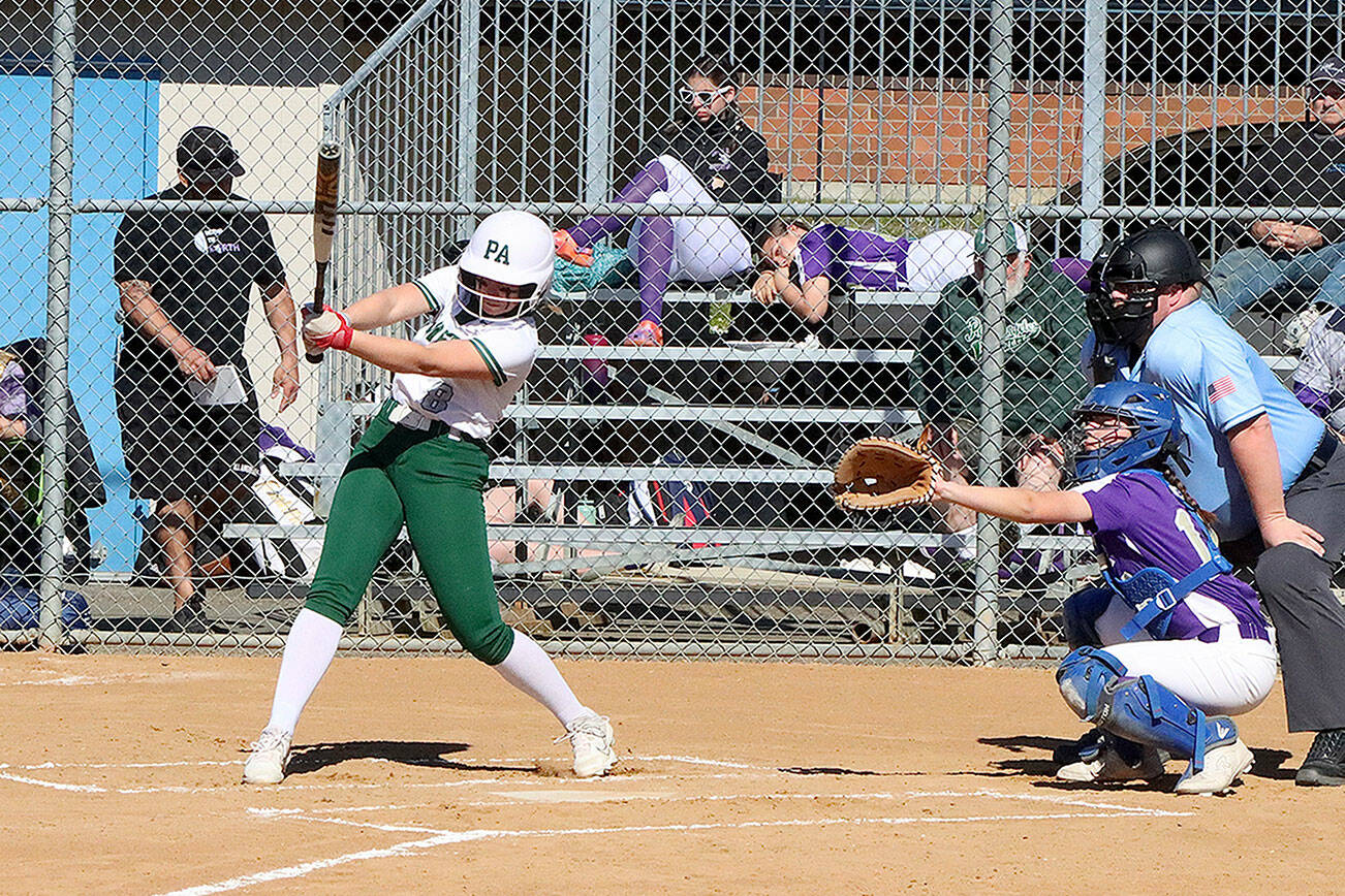 Heidi Leitz (8) swings for a base hit against North Kitsap on Thursday. The Riders got up 4-0, but North Kitsap went on to win 15-4 to tie Port Angeles for first place. (Dave Logan/for Peninsula Daily News)