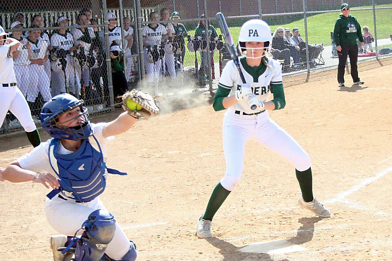 Port Angeles’ Natalie Robinson takes a pitch high and outside for a ball as North Kitsap catcher Kendall Becker collects the ball. Robinson had two hits, scoring one run and driving in another. She also was part of a double-play in the seventh inning that killed a Vikings’ rally. (Pierre LaBossiere/Peninsula Daily News)