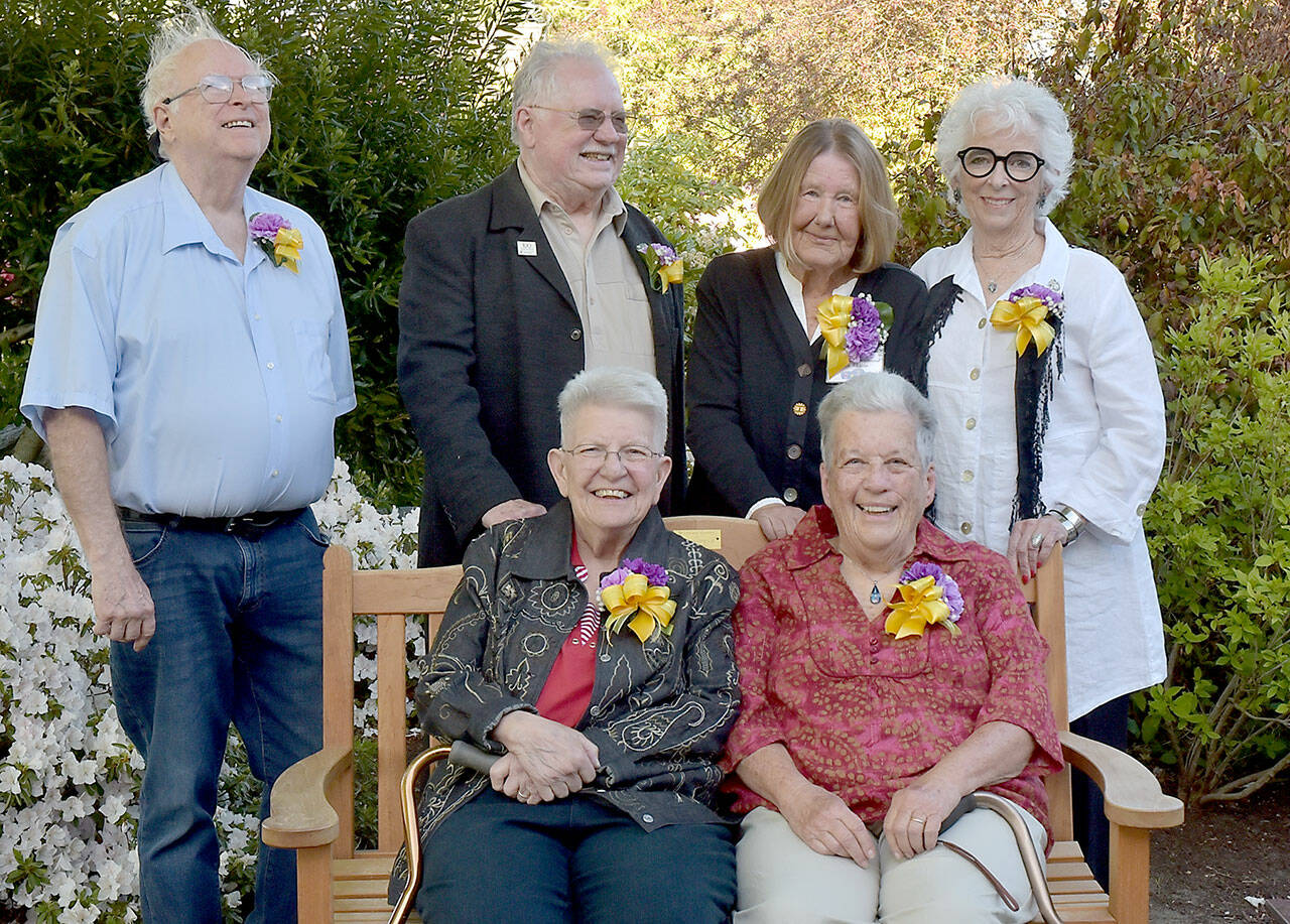 The 2024 Community Service Awards winners gather before Thursday’s awards ceremony at Holy Trinity Lutheran Church in Port Angeles. This year’s recipients were, seated from left, Steph Ellyas and Lyn Fiveash, and standing from left, Gordon Taylor, Don Zanon, Carol Labbe and Betsy Reed Schultz. (Keith Thorpe/Peninsula Daily News)