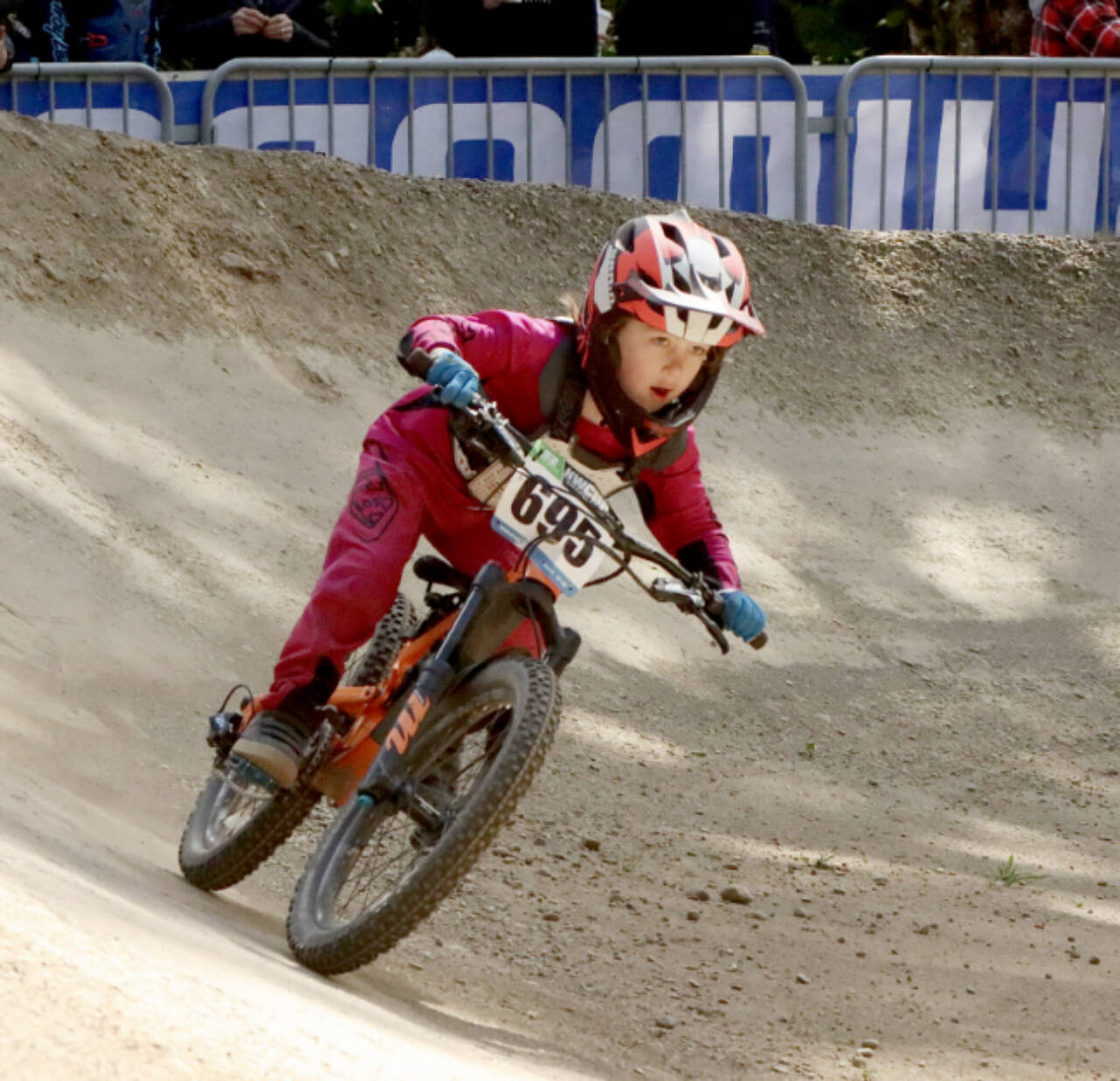 Elon Gromyko of Lynnwood races in the boys’ 7 and under category at the second Northwest Cup race in Port Angeles on Sunday. in the U7 men’s category. More than 500 riders from several states and Canadian provinces competed in the three days of downhill racing this weekend. (Dave Logan/for Peninsula Daily News)