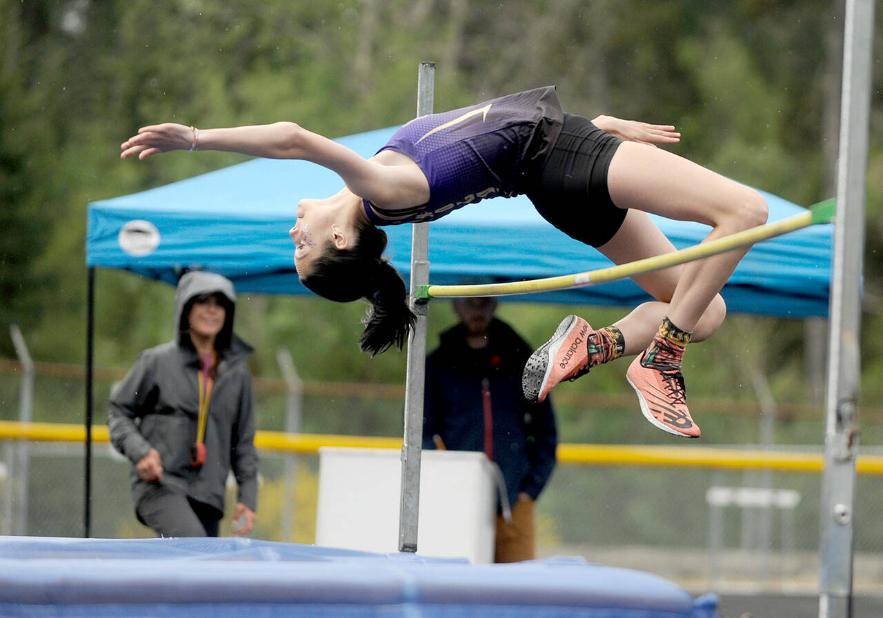 Michael Dashiell/Olympic Peninsula News Group Sequim freshman Clare Turella captured a state title by clearing 5-feet, 2-inches at the Class 2A State Track and Field Championships on Thursday night at Mount Tahoma High School. Turella is pictured at last weekend’s Class 2A Bi-District Championship at North Mason High School.