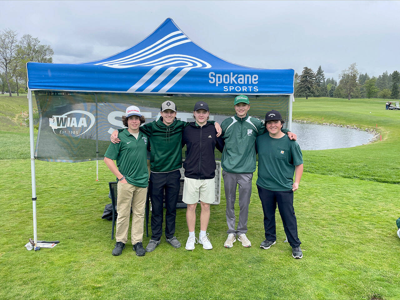 Bob Anderson/Port Angeles Golf The Port Angeles boys golf team from left, Sky Gelder, Austin Worthington, Reid Schmidt, Nate Anderson and Max Gagnon, recently competed at the Class 2A State Tournament at Liberty Lake Golf Course in the Spokane Valley. Anderson shot a 76 in his opening round and was looking for a high finish before a spring squall complicated matters for all players, dropping temperatures with cold rain and wind. He ended up earning 20th place.