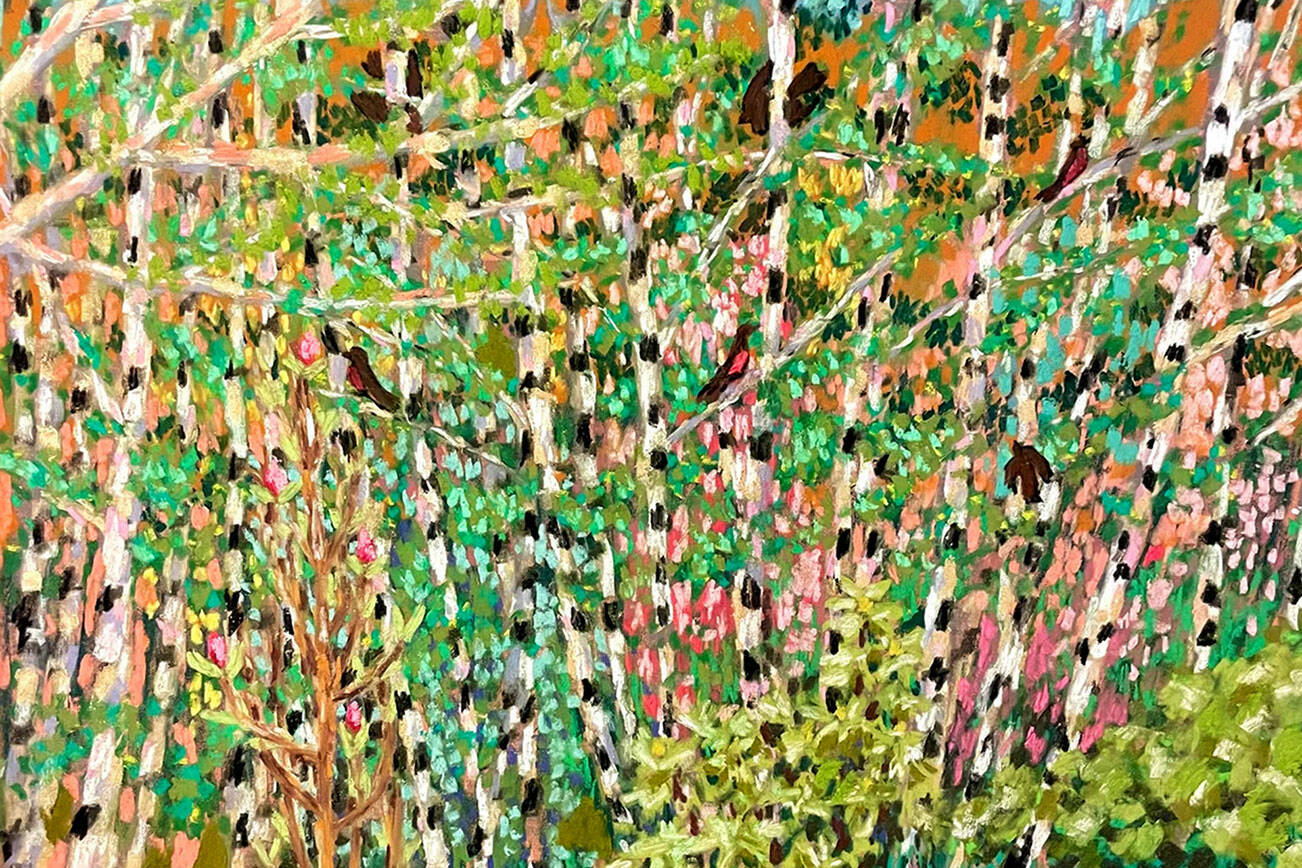Isabel Elena Pérez's pastel "Robins in the Alder Grove" is part of the "Lush Language" exhibit at Northwind Art's Jeanette Best Gallery in Port Townsend.