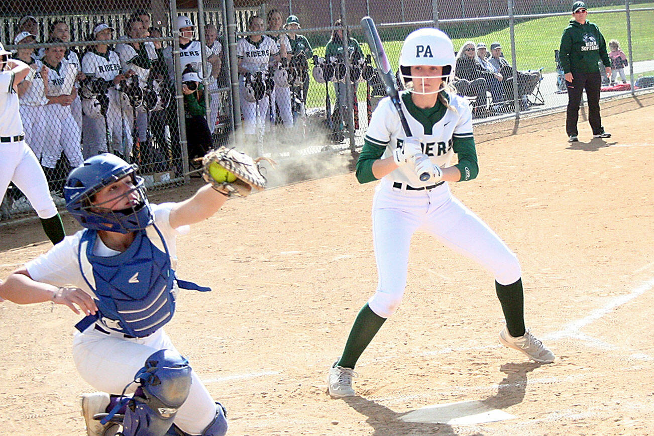 Port Angeles' Natalie Robinson takes a pitcher against North Kitsap in a game in May. Robinson hit 12 home runs this year and was named the Olympic League MVP for the second straight season. (Pierre LaBossiere/Peninsula Daily News)