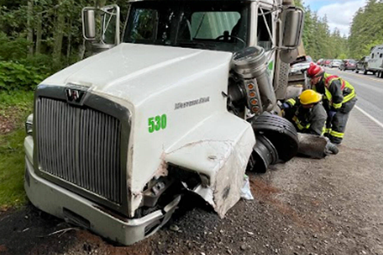 Three people were transported to hospitals for injuries on Monday after a collision on U.S. Highway 101 that involved two SUVs and a semi-truck. (Clallam County Fire District 3)