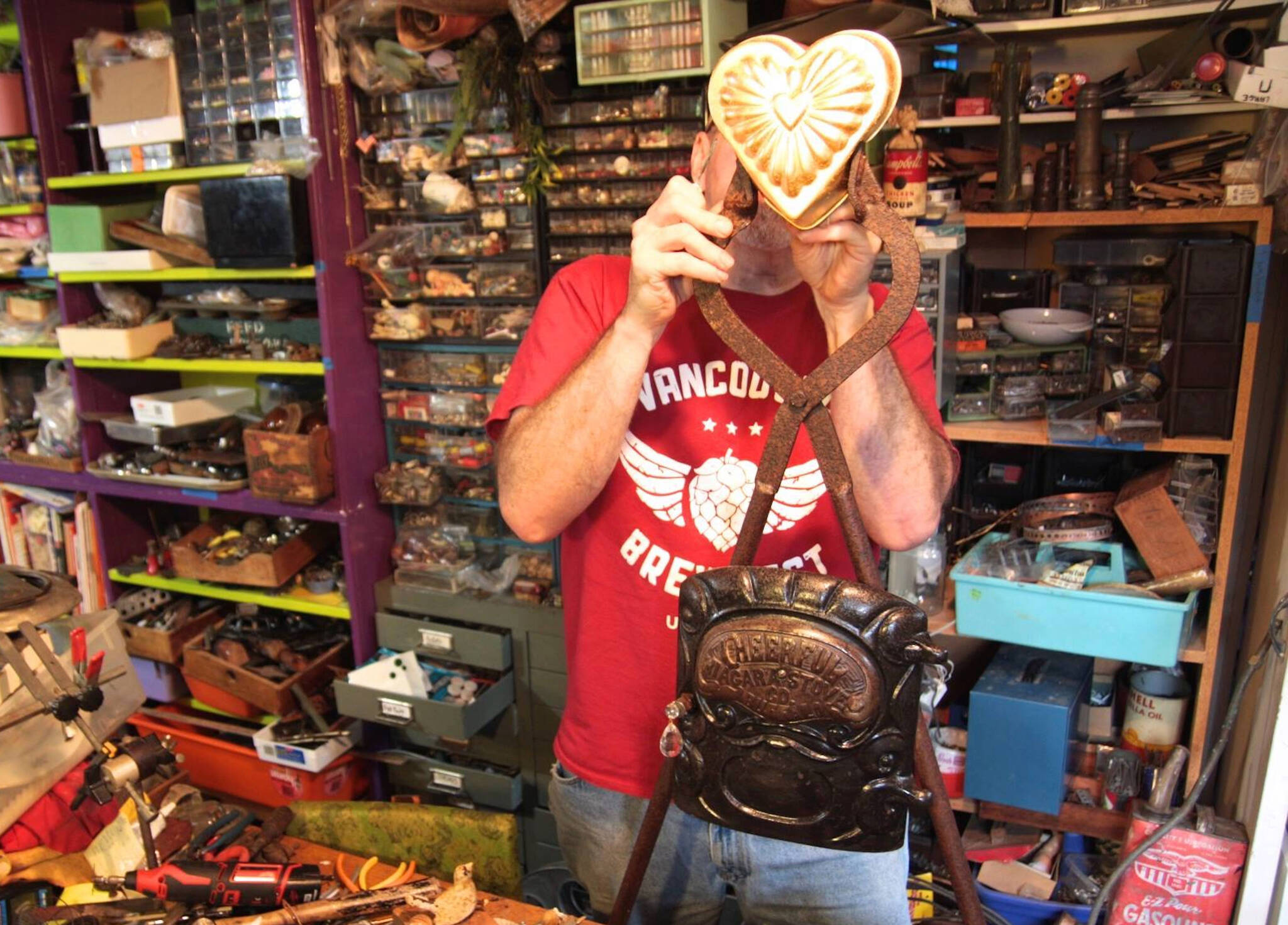 Assemblage artist Steve Parmelee, pictured at his workbench, will come to Port Townsend’s Northwind Art School to teach a workshop July 9-10. (photo courtesy Steve Parmelee)