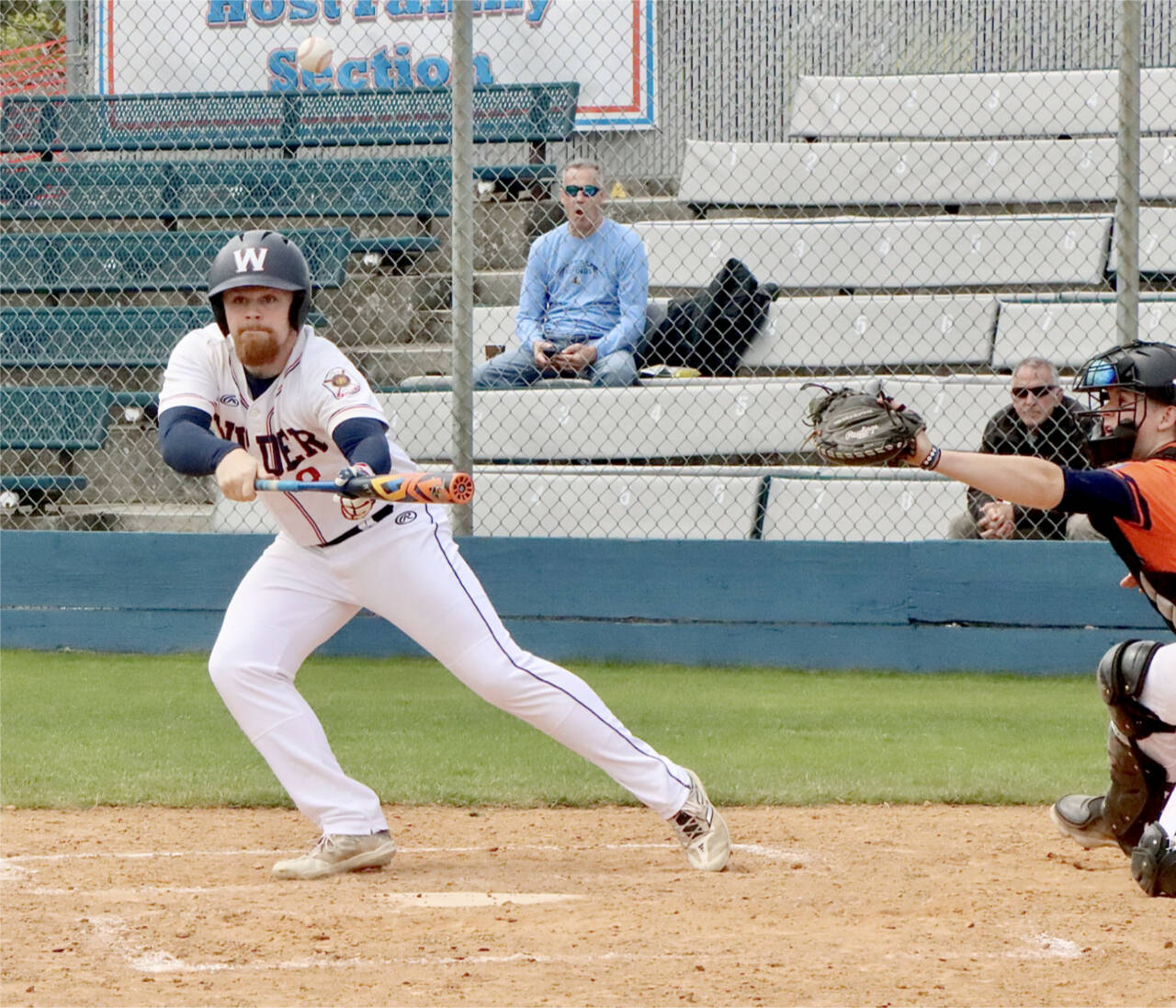 Wilder Senior’s Ezra Townsend bunts against Whatcom Post No. 7 earlier this season. Wilder Senior and Wilder Junior both enter the Dick Brown Memorial Tournament having gone 3-1 this weekend at tournaments in Mount Vernon and Selah. (Dave Logan/for Peninsula Daily News)