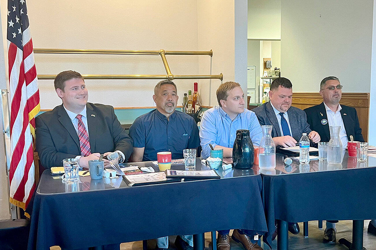 From left to right, state 24th Legislative District Position 1 candidates Matt Roberson, Republican; James “JR” Streifel, Republican; Adam Bernbaum, Democrat; Eric Pickens, Democrat; and Nate Tyler, Democrat, were at Joshua’s Restaurant in Port Angeles on Tuesday for a candidate forum before the Port Angeles Business Association. (Peter Segall/Peninsula Daily News)