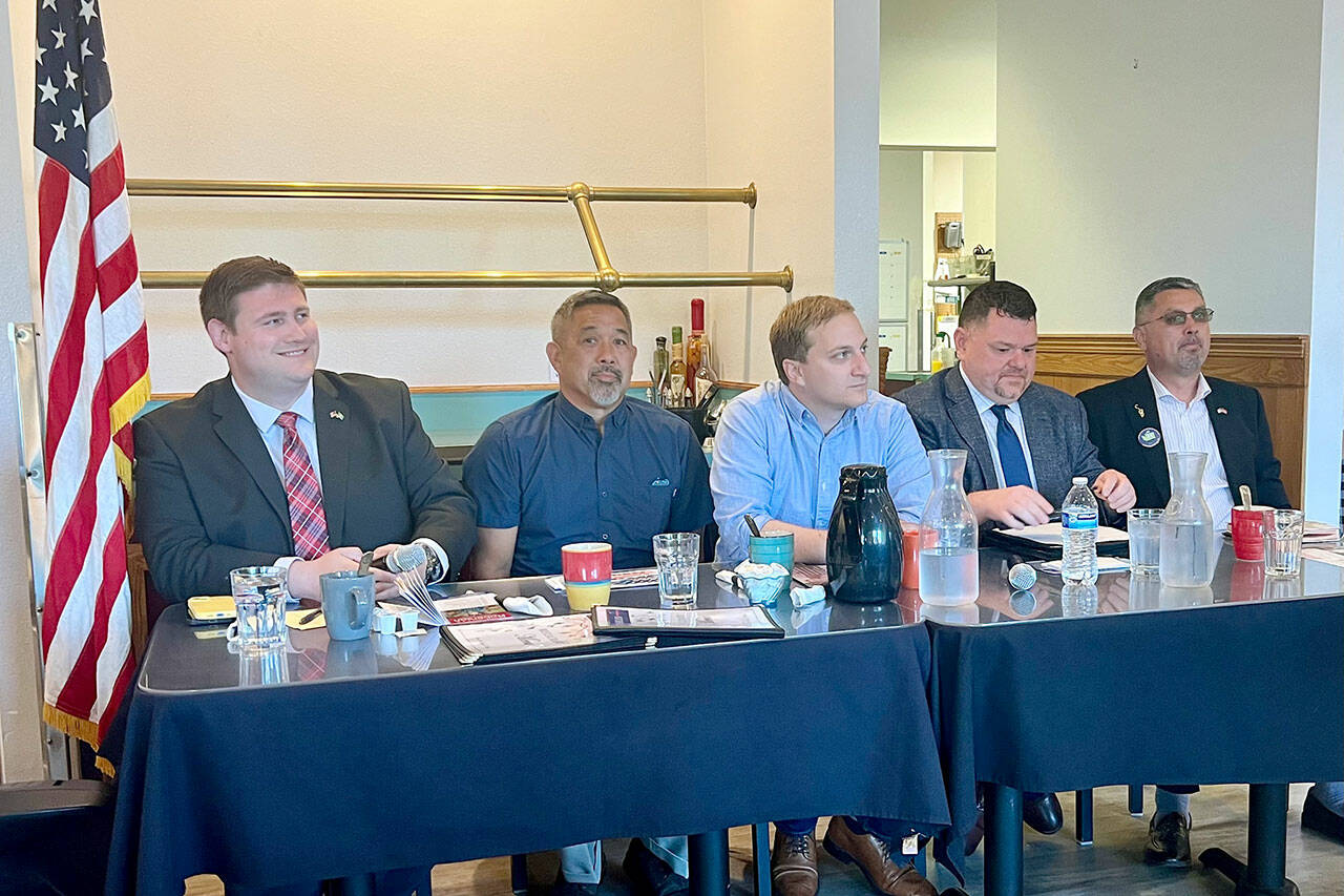 From left to right, state 24th Legislative District Position 1 candidates Matt Roberson, Republican; James “JR” Streifel, Republican; Adam Bernbaum, Democrat; Eric Pickens, Democrat; and Nate Tyler, Democrat, were at Joshua’s Restaurant in Port Angeles on Tuesday for a candidate forum before the Port Angeles Business Association. (Peter Segall/Peninsula Daily News)