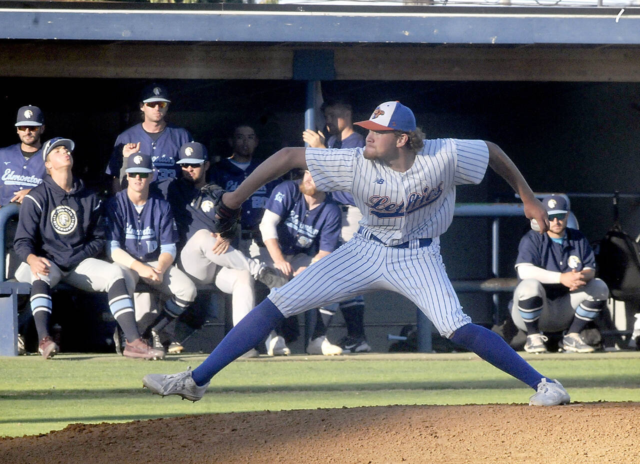 Port Angeles Leftie Liam Paddack pitches in a West Coast League game at Civic Field in 2022. Paddack, a Gonzaga pitcher now, was selected in the 18th round of the MLB draft by the Chicago White Sox. He struck out 50 batters in 36 innings for the Lefties. (Keith Thorpe/Peninsula Daily News)