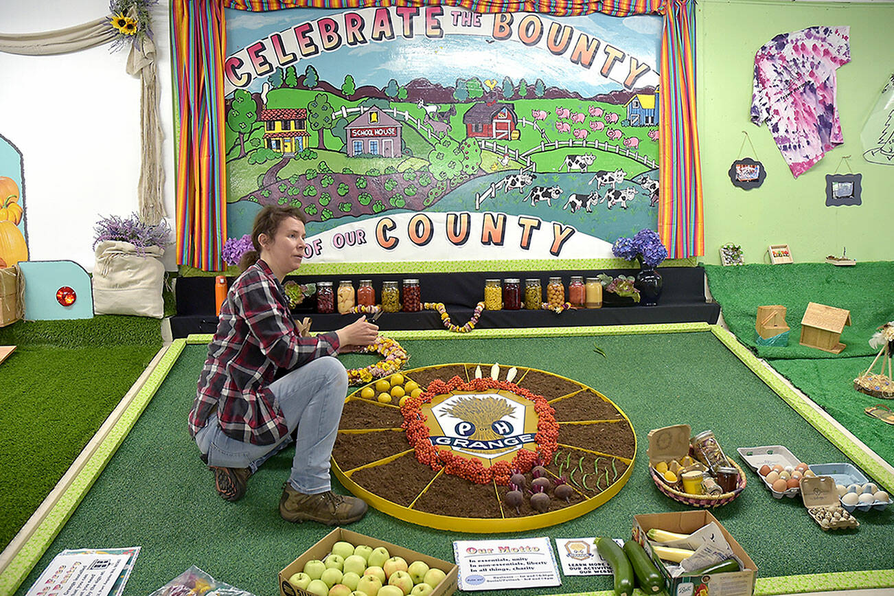 Erin Moilanen of the Crescent Grange arranges the group’s display in preparation for the Clallam County Fair on Tuesday in Port Angeles. (Keith Thorpe/Peninsula Daily News)