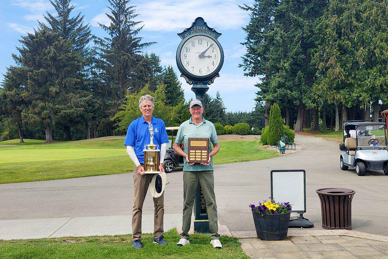 The Cedars at Dungeness Men’s Club champions are four-time defending Gross champ Jeff Jones, left, and Rick Towery (Net).