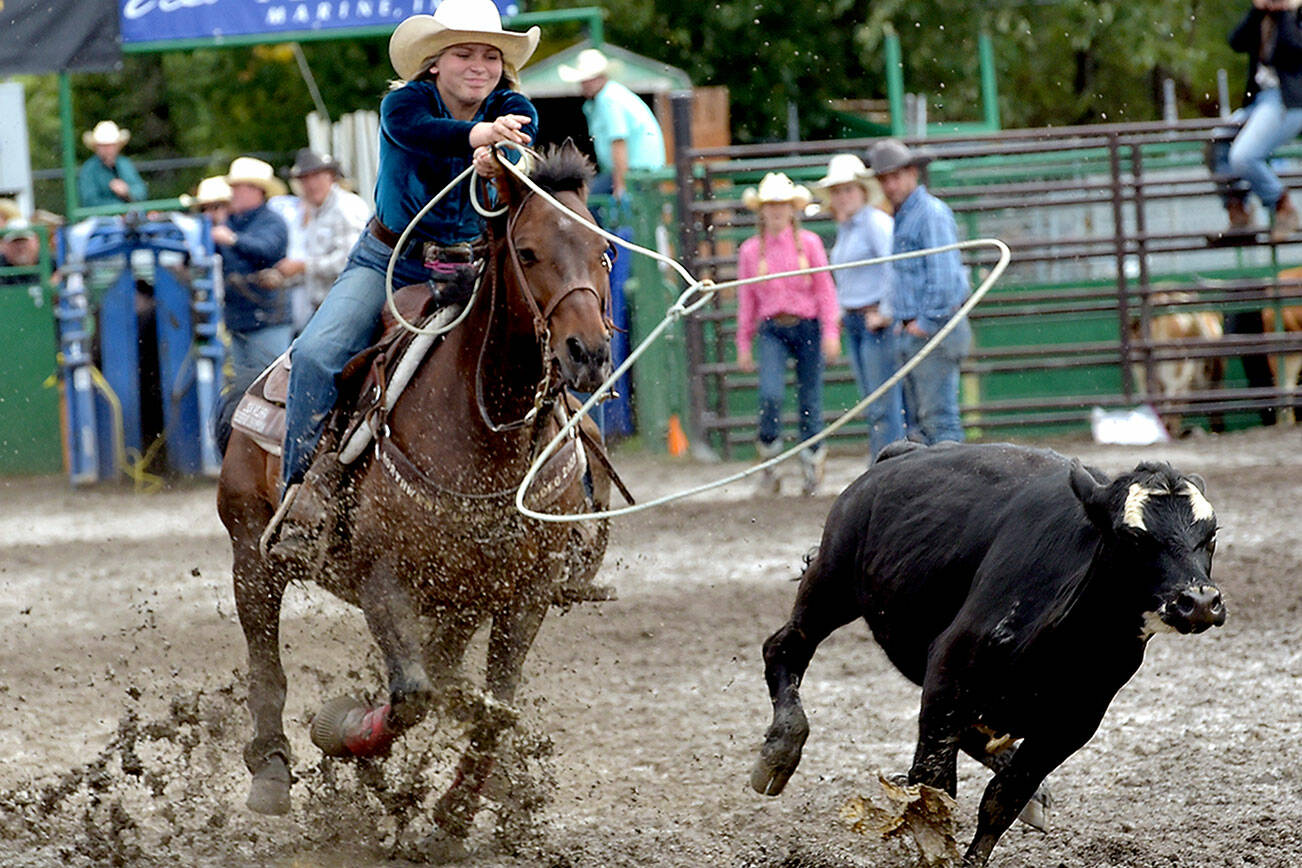 KEITH THORPE/PENINSULA DAILY NEWS
Emma Gulley, 14, of Roy takes her turn in the senior girls breakaway during Saturday's Port Angeles Junior Rodeo at the Clallam County Fairgrounds. The event brought youth competitors from across Western Washington for two days of rodeo competition.