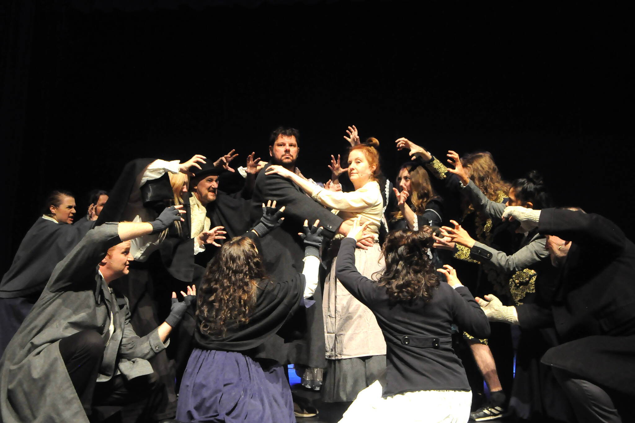 Kyle Bartholick-LeMaire (Sweeney Todd) and Angela Poynter (Mrs. Lovett) join the company for “The Ballad of Sweeney Todd” at a rehearsal for “Sweeney Todd.” The show runs through Saturday at Sequim High School. (Matthew Nash/Olympic Peninsula News Group)