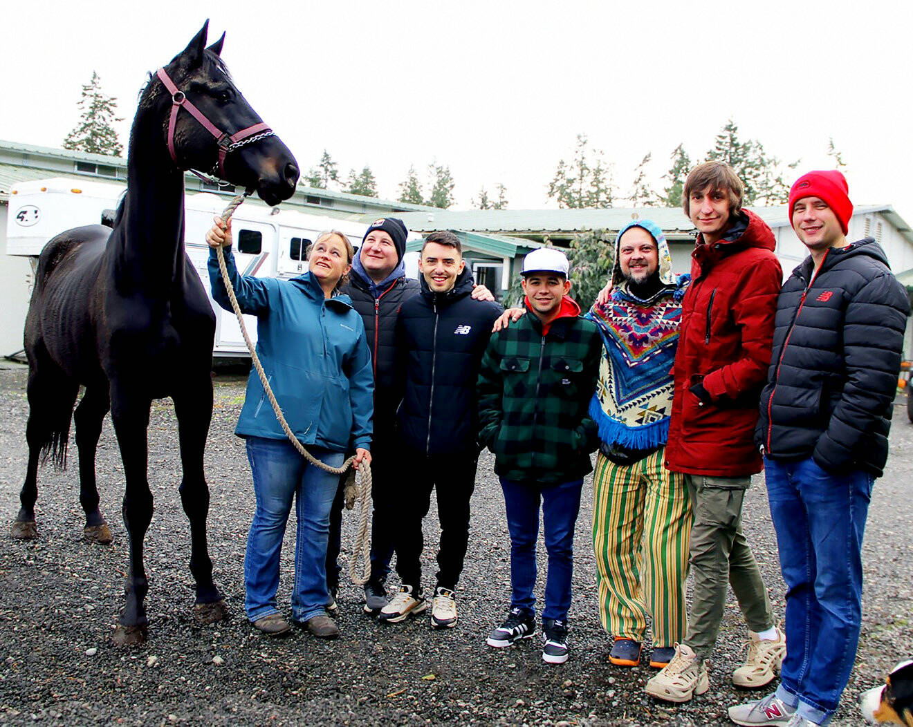 When Ukrainian musical group Kommuna Lux played at the Palindrome recently, they met up with Paradigm Sporthorse Trainer Rebecca Cushman to see her two Ukrainian Warmblood imports, Tux (shown) and Artist. From left, Sergei Zhuravel, Volodymyr Gitin, Bagrat Tsurkan, Oleg Vasianovych, Sergei Poltorak and Yaroslav Besh. They’re currently touring the U.S. and Cananda to raise money to aid their fellow citizens affected by Russian military attacks. (Karen Griffiths/For Peninsula Daily News)