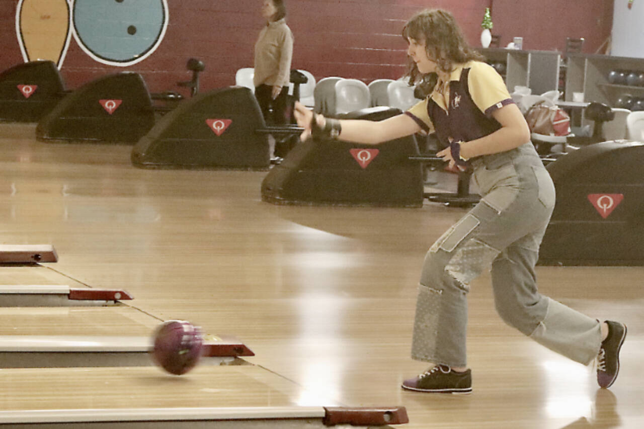 Sequim's Victoria Nava rolls in a match Monday against Port Angeles at Laurel Lanes. Nava led the Sequim bowlers with a two-game score of 313 while Port Angeles' Zoey Van Gordon led all bowlers with a 337 . (Dave Logan/for Peninsula Daily News)