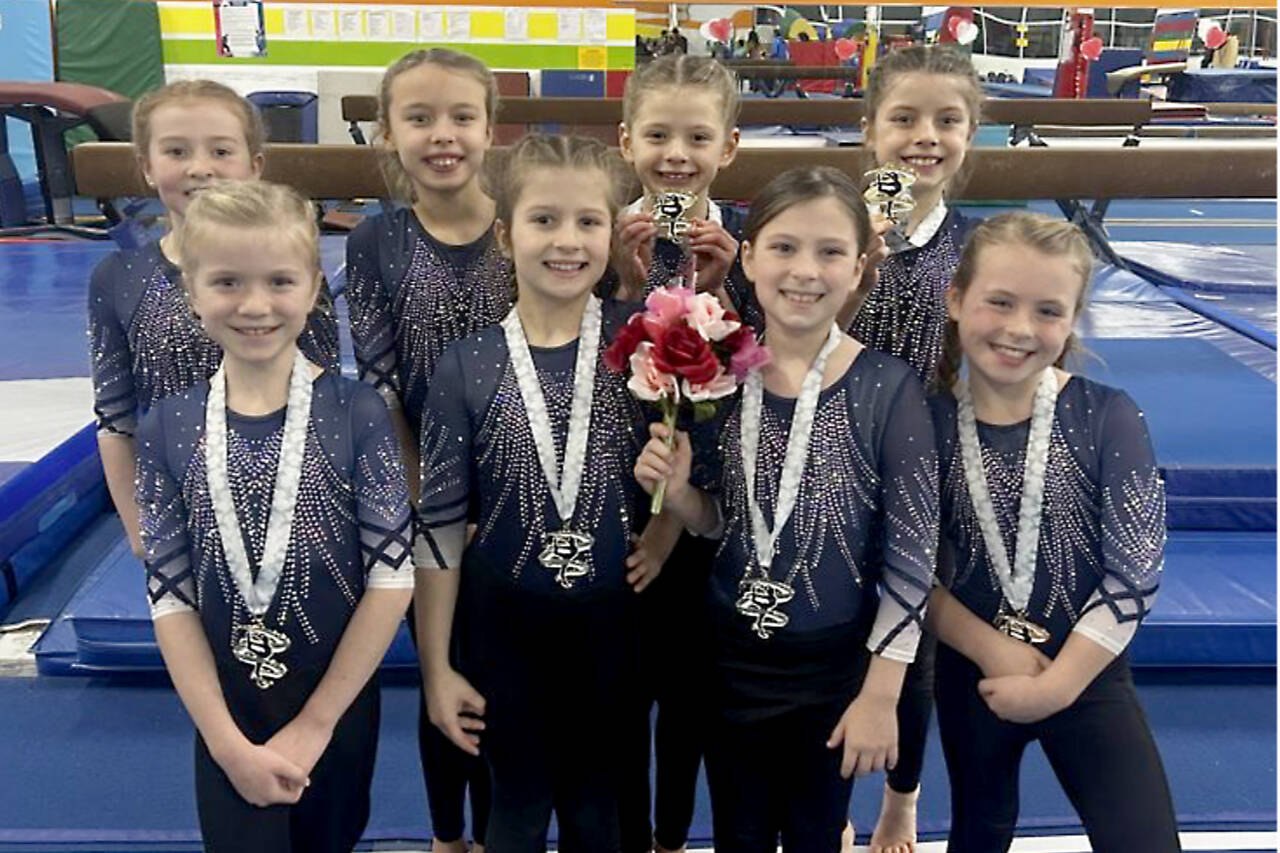 The Klahhane XCel Bronze team finished first as a team at the Biggest Little Meet in Mukilteo on Sunday. Team members are Lucy Monaghan, Nora Pecoraro, Kinley Matthews, Reagan Haguewood, Adrie McGuire,  Penny Goodwin, Sasha Gmazel and Addie Brown. (Klahhane Gymnastics)